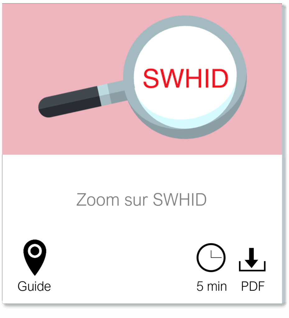 Vignette vers la page Zoom sur SWHID, Guide, fichier PDF accessible téléchargeable, durée de lecture 5 minutes