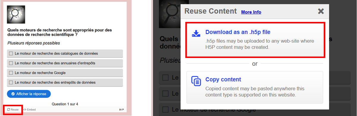 cliquer sur "reuse", puis sur "download an .h5p file"