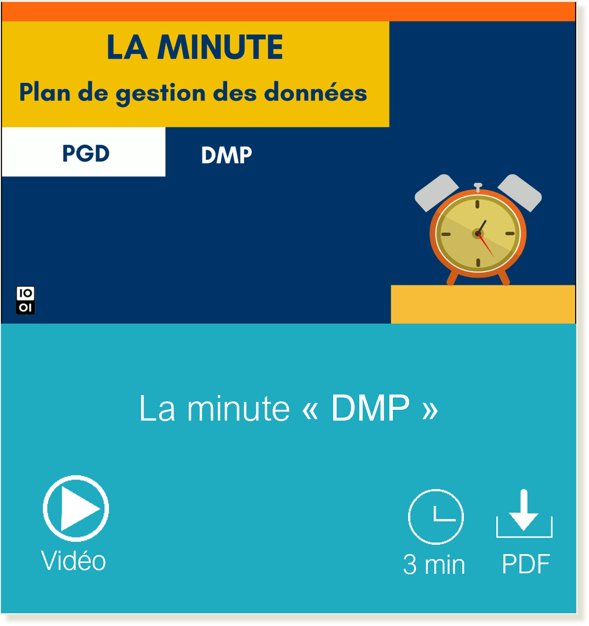 Vignette vers la page La minute Plan de gestion des données, vidéo, durée de lecture 3 minutes, fichier PDF accessible téléchargeable