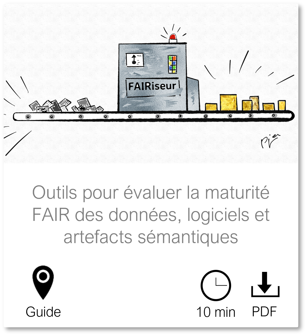 Vignette vers la page Outils pour évaluer la maturité FAIR des données, logiciels et artefacts sémantiques, guide, durée de lecture 10 minutes et fichier PDF téléchargeable