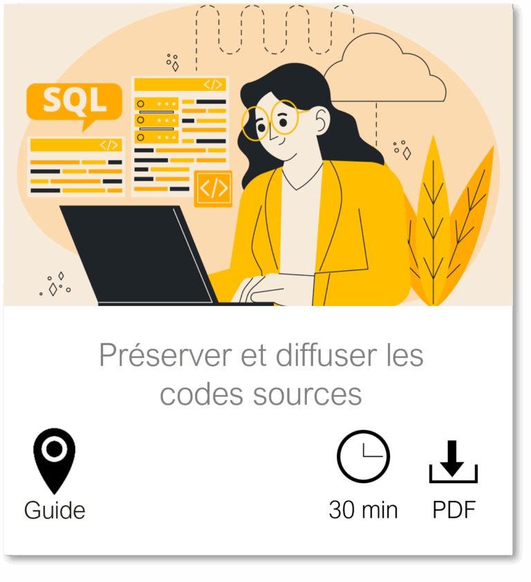 Vignette vers la page Préserver et diffuser les codes sources des logiciels de recherche, Guide, fichier PDF accessible téléchargeable, durée de lecture 5 minutes